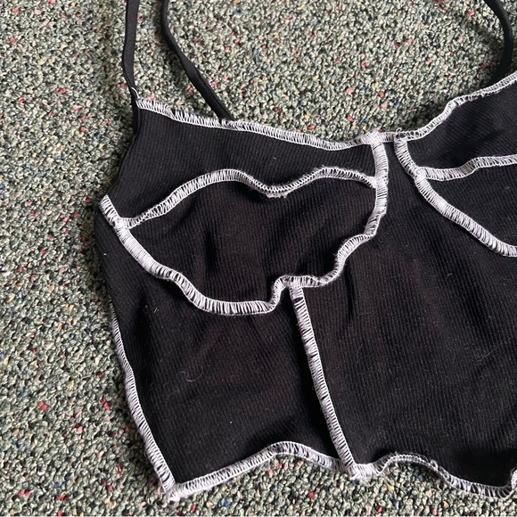 Black & White Contrast Stitching Ribbed Cropped Corset Tank Top Stretch Shirt - Picture 3 of 8